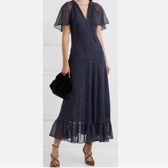 Alexa Chung Navy Polka Dot Chiffon Midi Dress size US 0 - Picture 1 of 15